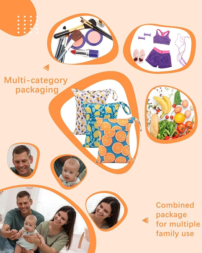 babygoal Wet Dry Bags for Baby Cloth Diapers, Washable Travel Bags, Beach, Pool, Gym Bag for Swimsuits & Wet Clothes with Two Zippered Pockets 3 Pack, 3LN22