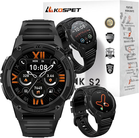 KOSPET Tank S2 Smart Watch for Men Women GPS, 5ATM Waterproof, Pressure/Altitude/Compass, 1.32" AMOLED Display Fitness Tracker(Answer/Make Call), AI Voice Assistant, 24H Sleep/Hear Rate Monitor