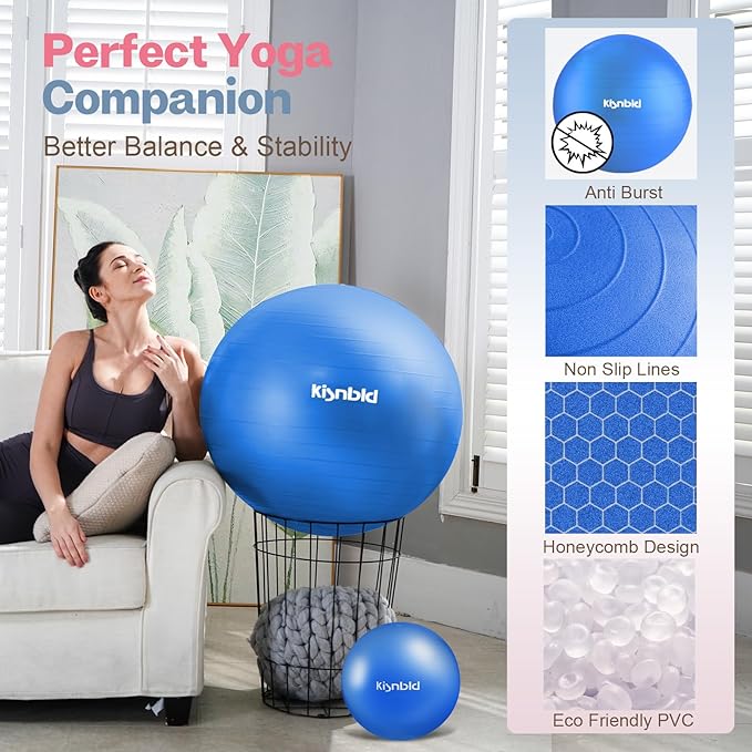 Exercise Ball, Extra Thick Yoga Ball for Workout Pregnancy Stability, 4 Sizes Anti-Burst Balance Ball with Foot Pump - Heavy Duty Fitness Ball Chair for Office, Home & Gym