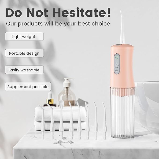 Cordless Water Flosser for Teeth Cleaning Pick - Electric Dental Irrigator with 4 Cleaning Modes & 8 Jet Tips, IPX7 Waterproof, Portable Rechargeable Design for Home & Travel Use, Pink