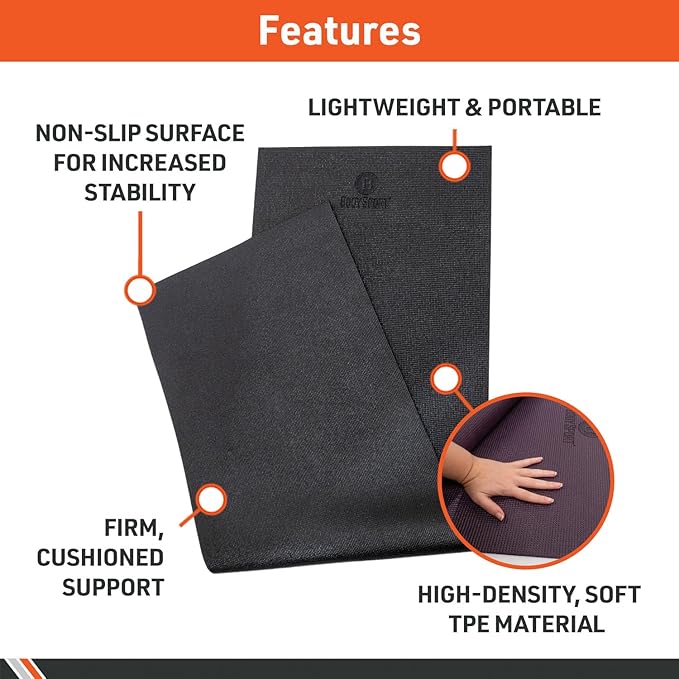 Body Sport Yoga Mat - High-Density, Non-Slip Surface with Shock Absorption - Ideal for Yoga, Pilates, and Home Workouts