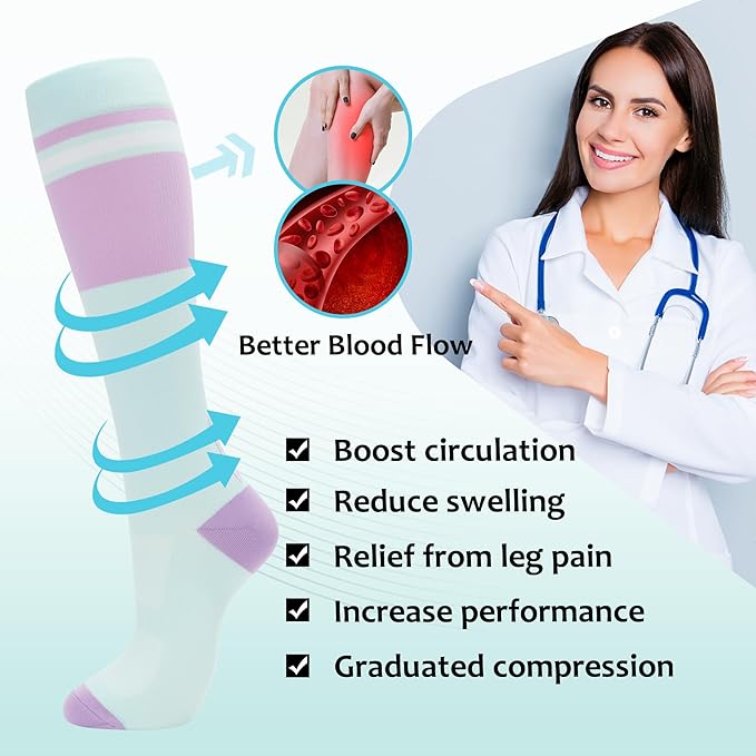 fenglaoda Compression Socks Women Men 4 Pairs, Knee High Support Socks for Running, Sports, Travel, Flight, Nurse