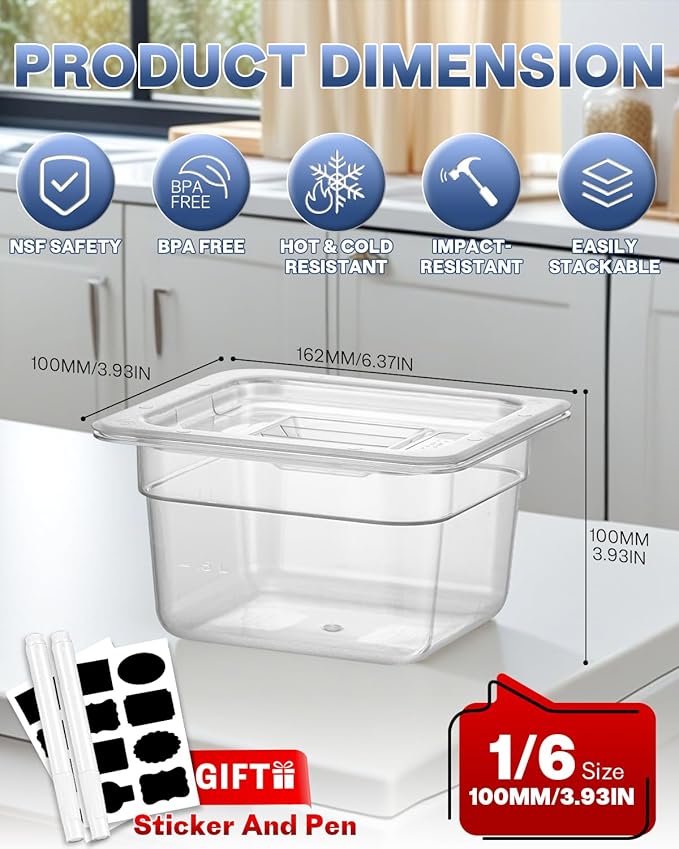 1/6 Size&4 Inch Commercial Food Pan with Lids-[NSF Certified][Hot&Cold Resistant] 4PCS Clear Restaurant Food Storage Containers with Lids, Topping Salad Bar Container (BPA-FREE)