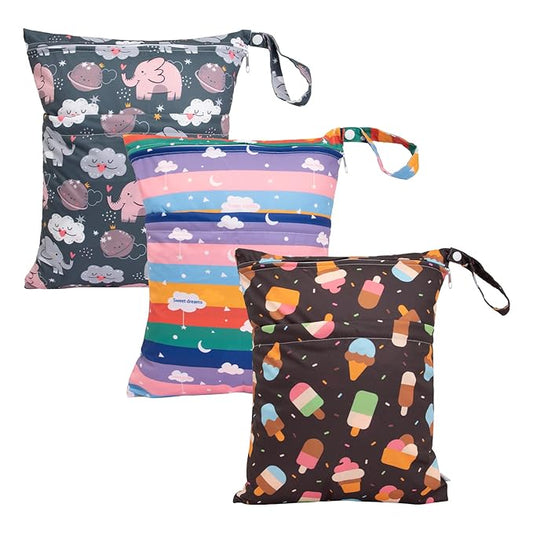 babygoal Wet Dry Bags 3 Pack for Baby Cloth Diapers, Washable Travel Bags, Beach, Pool, Gym Bag for Swimsuits & Wet Clothes with Two Zippered Pockets 3LN27