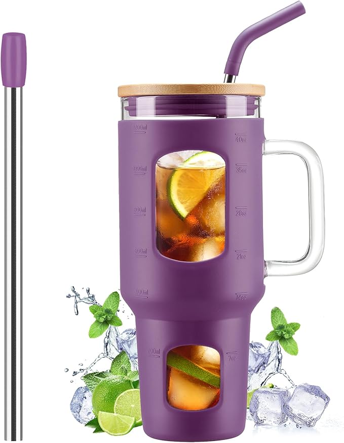 Glass Tumbler with Straw and Lid, 40 oz glass cup with handle, Glass Water Bottles with Time Marker, Silicone Protective Sleeve-Dark Purple