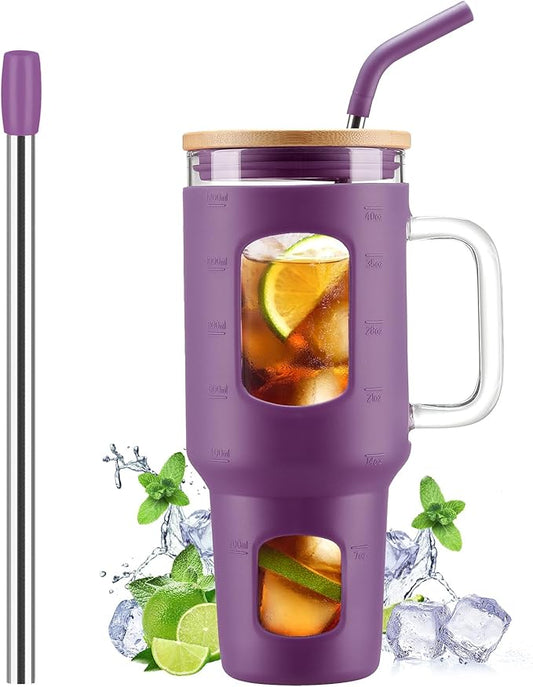 Glass Tumbler with Straw and Lid, 40 oz glass cup with handle, Glass Water Bottles with Time Marker, Silicone Protective Sleeve-Dark Purple
