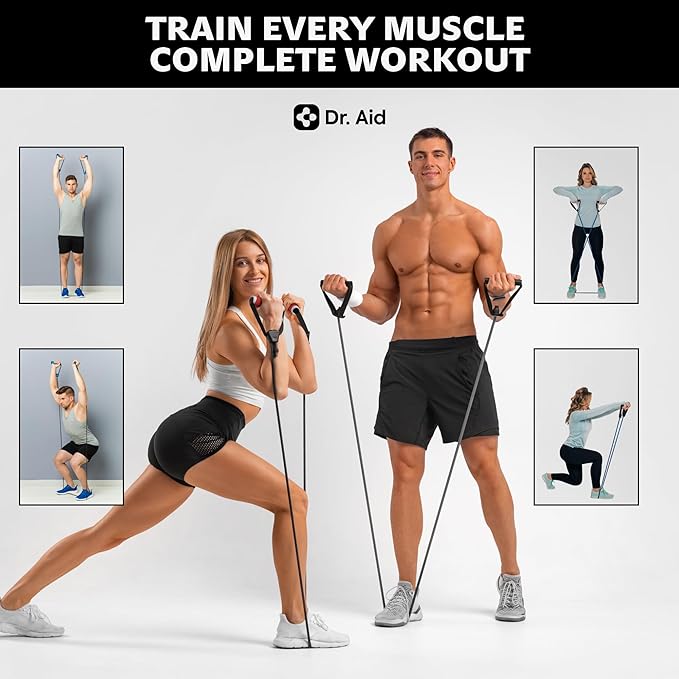 Dr. Aid Resistance Bands Set – 5 Stackable Workout Bands with Handles, Pure Latex, High Elasticity & Tear Resistant – Smell-Free Full-Body Exercise Bands for Rehab, Basic Training & Strength Workouts