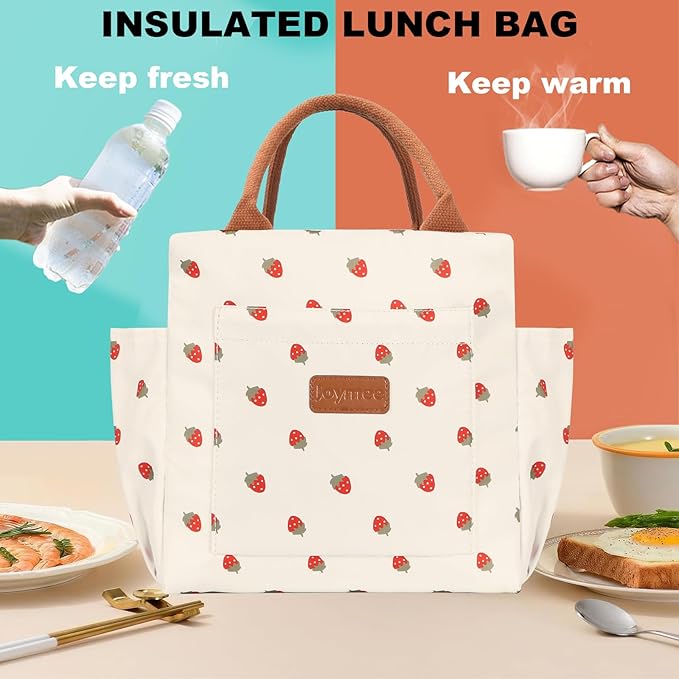 Joymee Lunch Bag Women Insulated Lunch Box Reusable Leakproof Large Spacious Cooler Tote for Women Men Adult with Bottle Holder and Side Pockets for Work Office Travel Picnic - Strawberry