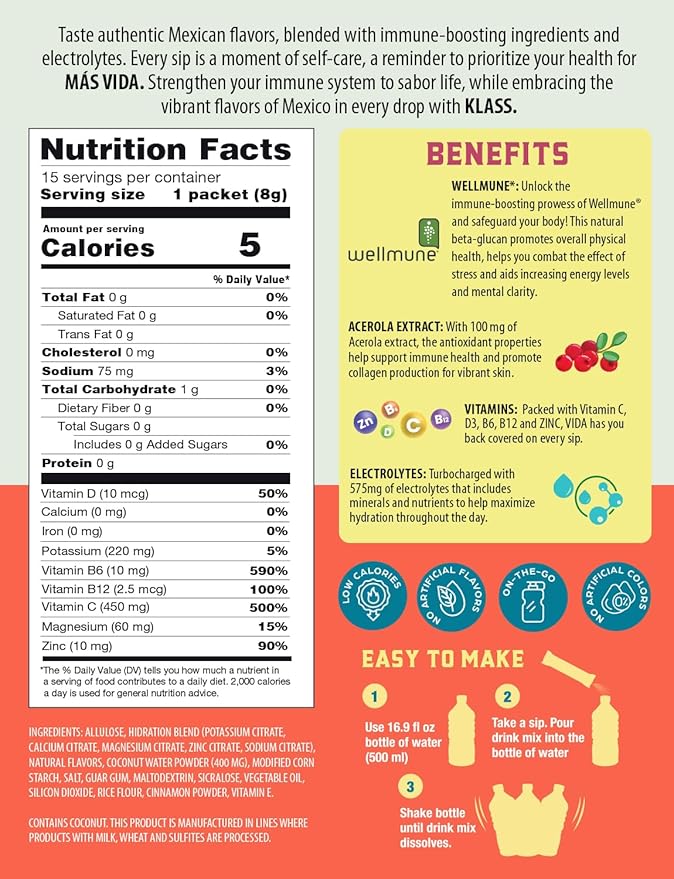 Hydration + Immunity Electrolyte Drink Mix – Cantaloupe Agua Fresca Flavor | Sugar-Free Powder with Wellmune®, Acerola, Coconut Water & Minerals | 15 Single-Serve Stick Packs, Low Calorie