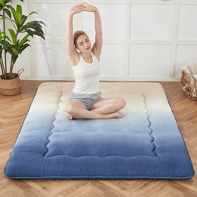 Japanese Floor Mattress, Futon Mattress with Portable Storage Bag and Washable Cover, Roll Up Thick Tatami Mat Suitable for Camping, Guest Room (Coastal Gradient, Full)