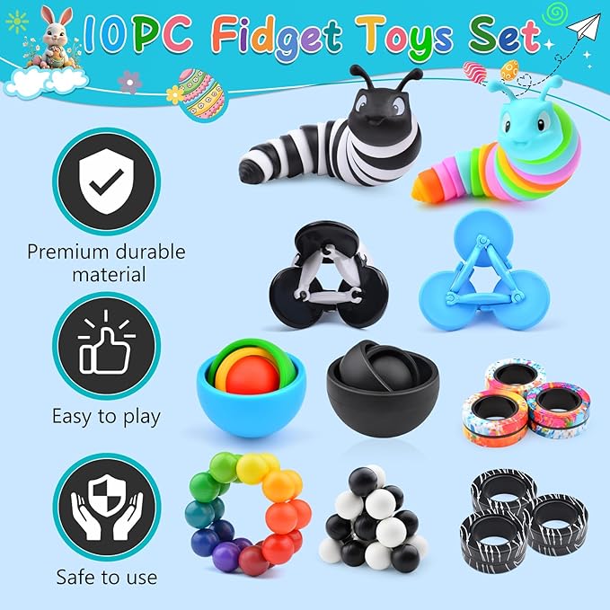 Fidget Toys Adults Pack, Fidget Spinner for Kids, Easter Basket Stuffers for Teens, 10PC Sensory Toys Set for Autism, Desk Toy Stress Relief Gift for ADHD