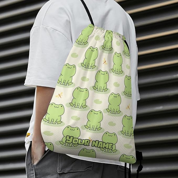 Custom Frog Drawstring Backpack - Cute Cinch Sack, String Backpacks with Pocket for Kids Women Men Boys Girls for Gym Outdoor Sports Travel Athletic Drawstring Bag - Lightweight/Foldable