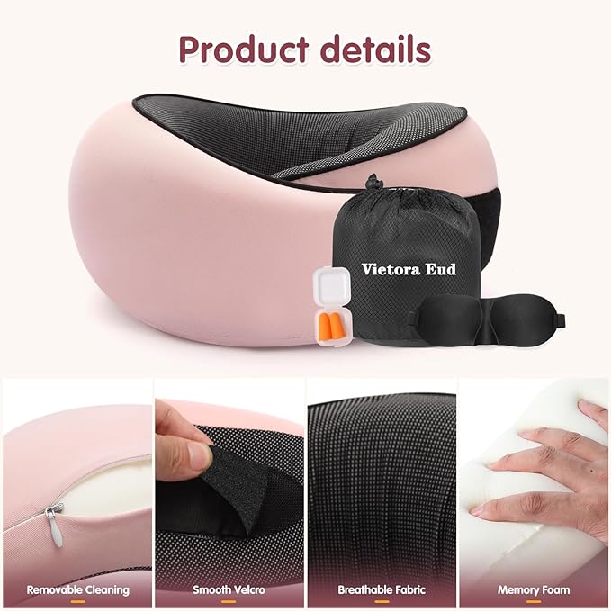 Ergonomic Travel Neck Pillow with Memory Foam Support – Comfortable Airplane Pillow for Adults, Portable Neck Cushion for Car, Office and Long Flights with Eye Mask, Earplug Holder and Carry Bag