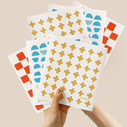 RECYCO Swedish Dishcloths for Kitchen | 6 Pack Modern Geo Washable Dish Rags | Cellulose Reusable Cleaning Paper Towels | Absorbent Counter Dish Cloth Sponge Kitchen Wipes, 8" L x 7" W