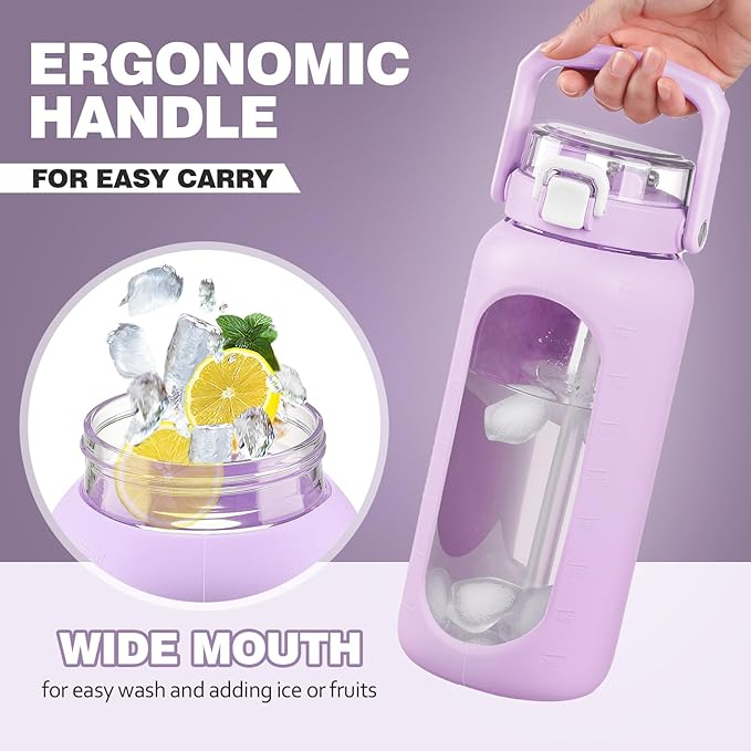 BLUEGO 64oz Glass Water Bottle with Handle and Straw, Motivational Sports Water Bottle with Time Marker and Silicone Sleeve Leakproof Drinking Bottle for Travel Gym Workout, Purple