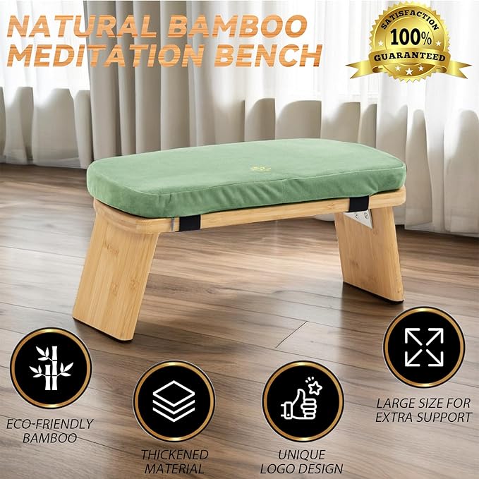 Meditation Bench, Bamboo Meditation Stool, Folding Kneeling Meditation Bench, Seiza Prayer Bench, Prayer Bench with Meditation Cushion, Kneeling Stool (Green)