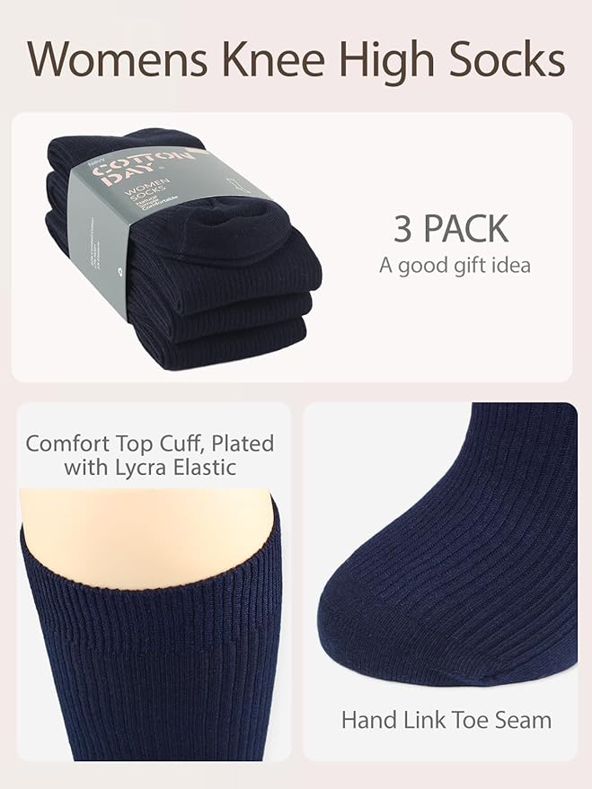 COTTON DAY Women's Soft Combed Cotton Knee High Long Calf Dress Socks Seamless Toe Black White Gray Navy Blue Brown