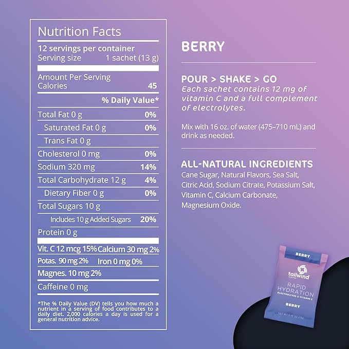 Tailwind Nutrition Rapid Hydration, Electrolyte & Hydration Powder, Vitamin C & Sea Salt Exercise Workout Mix, Berry, Pack of 12 Sticks