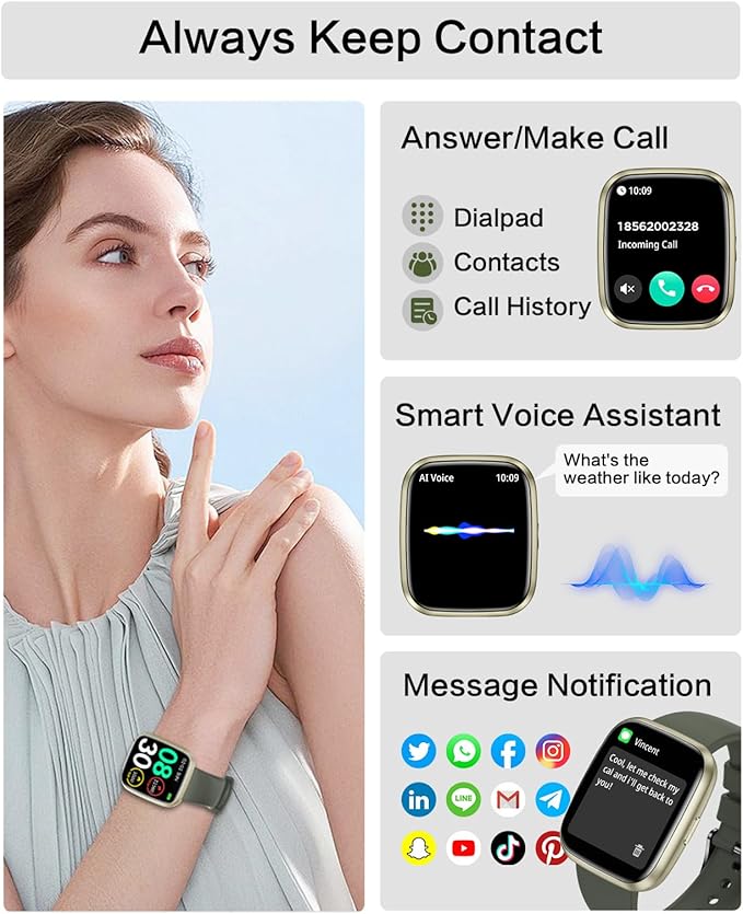 Smart Watches for Men/Women, 1.75" Bluetooth Call, AI Voice Smartwatch, 24/7 Heart Rate Monitor, Blood Pressure/SpO2/Sleep Tracker, IP68 Waterproof, 100+ Sports Fitness Tracker for Android iOS Green