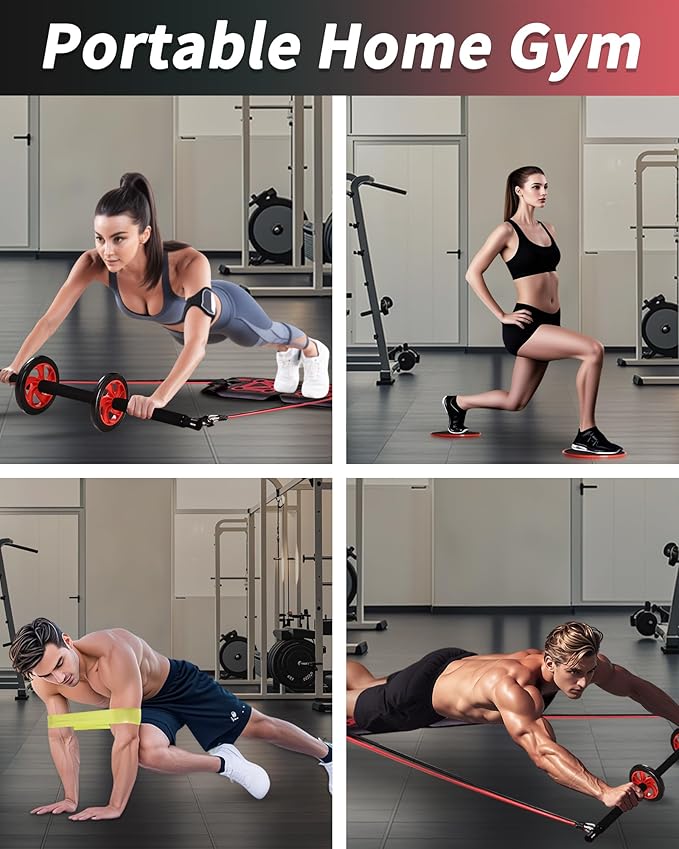 Home Gym Exercise Equipment - Portable Workout System 17 Fitness Accessories 9 in1 Push Up Board Set, Resistance Bands with Pilates Bar Strength Training Abs Shoulders