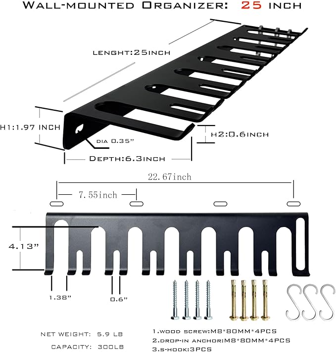2-Tier Black Barbell Wall Rack + Dual-Mounted Vertical Olympic Barbell Wall Rack .（3 Hooks）. dumbbell rack.Concrete/Wood Screws.(not for 16-inch center walls)