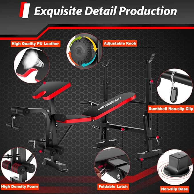 OPPSDECOR 6 in 1 660lbs Weight Bench with Leg Extension and Leg Curl, Foldable Bench Press Set and Squat Barbell Rack with Preacher Curl, Adjustable Workout Bench for Home Gym Strength Training PXZXYX1