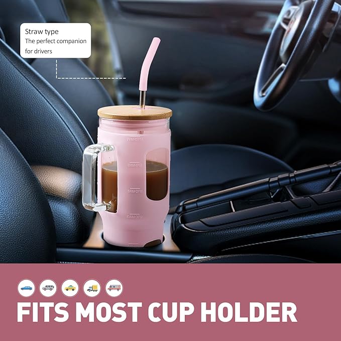 Glass Tumbler with Straw and Lid, 32 oz Glass Cup with Handle, Glass Water Bottles with Time Marker, 2 Straws - Pearl Straw & Drinking Straw Silicone Protective Sleeve-Pink