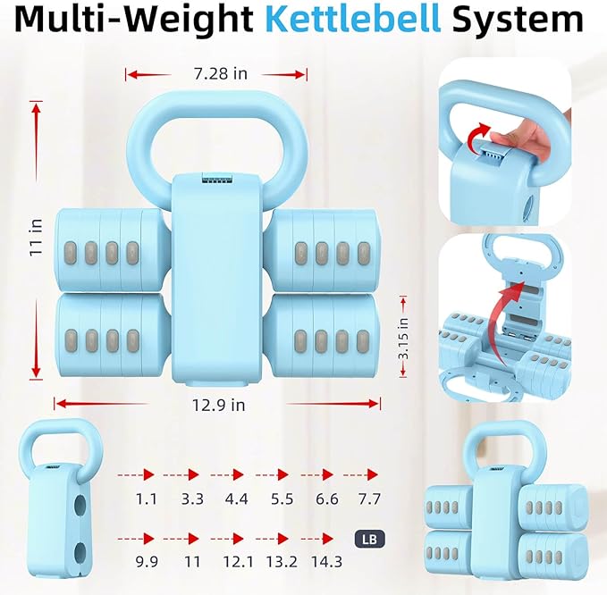 2-in-1 Adjustable Dumbbell Set, Upgraded 5 Levels Heavier Hand Weights for Women Men, Each 2.2/3.3/4.4/5.5/6.6lb, Convertible Weights Dumbbells and Kettlebell Set for Home Gym Exercise & Fitness