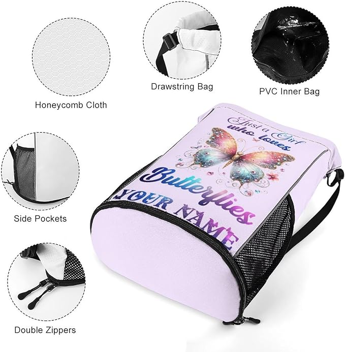 Custom Butterfly Drawstring Backpack - Cute Cinch Sack, String Backpacks with Pocket for Kids Boys Girls Women Men for Gym Outdoor Sports Travel Athletic Drawstring Bag - Lightweight/Foldable