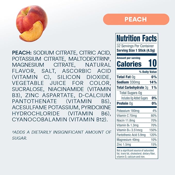 DripDrop Sugar Free Hydration Packets - Zero Peach - Single Serve Electrolytes Powder Drink Mix - Non-GMO, Gluten Free, Vegan - 32 Sticks