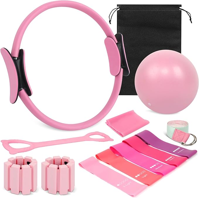 Home Pilates Essentials Kit for Women, Complete 13-in-1 Pilates Equipment Ring and Ball Set with 5 TPE Resistance Bands, Ankle Weights, 8-Shaped Pull Band, Stretch Strap and Waterproof Bag