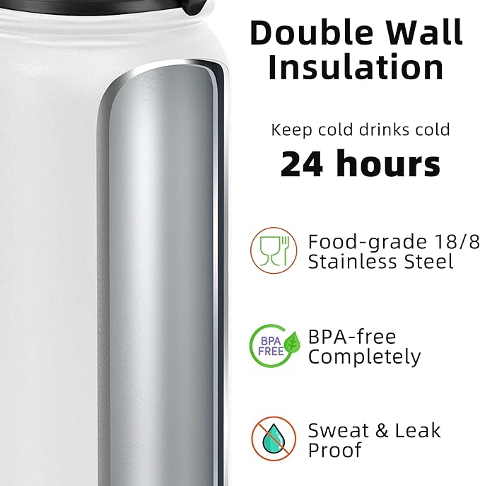 Fanhaw 40 Oz Stainless Steel Insulated Sports Water Bottles with Straw for Kids, Men and Women (White)