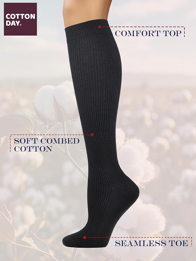 COTTON DAY Women's Soft Combed Cotton Knee High Long Calf Dress Socks Seamless Toe Black White Gray Navy Blue Brown
