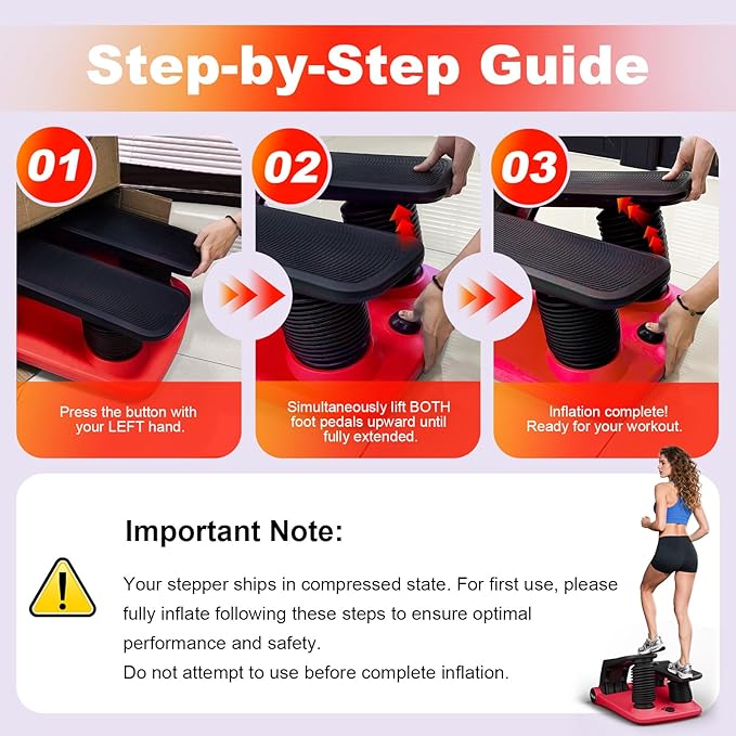 Air Compression Resistance Stepper – Adjustable Mini Stair Climber for Home Cardio Workout, Portable Stepper Machine with LCD Display, Non-Slip Pedals & Resistance Bands (Red and Black)