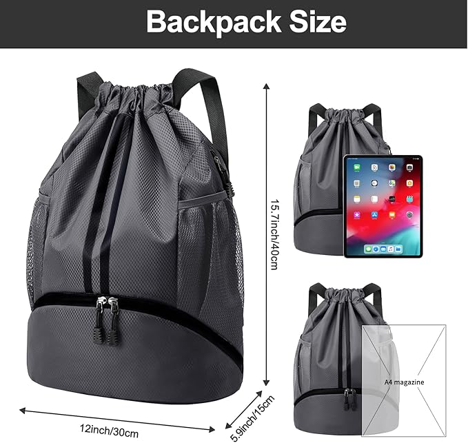 Hoedia Sports Drawstring Backpack - String Swim Gym Bag with Shoes Compartment and Wet Proof Pocket for Women and Men, Dark Grey