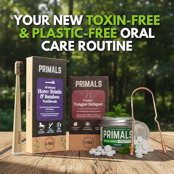 PRIMALS Horse Bristle & Bamboo Toothbrush (4-Pack) - Luxurious & Soft Horse Bristles - Fully Biodegradable - Plastic & Nylon Free - Quick Dry Design