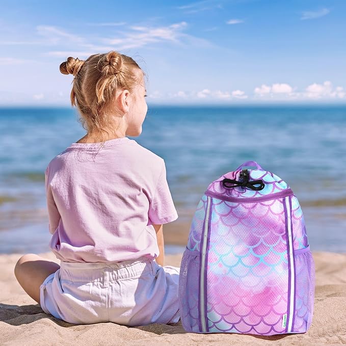 WAWSAM Kids Gym Drawstring Backpack String Bag, Mermaid Sports Gym Bag for Kids Girls Waterproof Swimming Beach String Cinch Backpack with Two Water Bottle Pocket