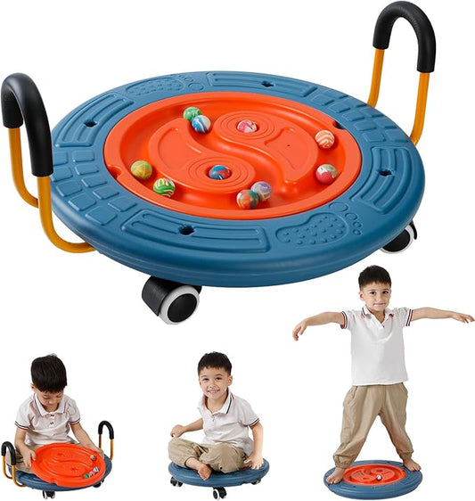 3-In-1 Balance Scooter Board for Kids，Plastic Wobble Balance Board Rocker Maze with Handles, 5 Balls, Toddler Wobble Disk for Sensory Training, Physical Therapy