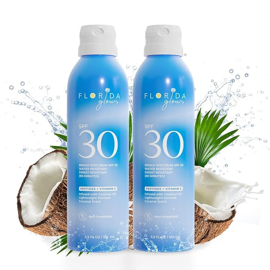 Florida Glow SPF 30 Sunscreen Spray - Hawaii 104 Reef Act & Florida Keys Compliant Broad Spectrum Water Resistant Sport Sun screen - Child Friendly Oxybenzone & Octinoxate Free (SPF 30 2-pack)