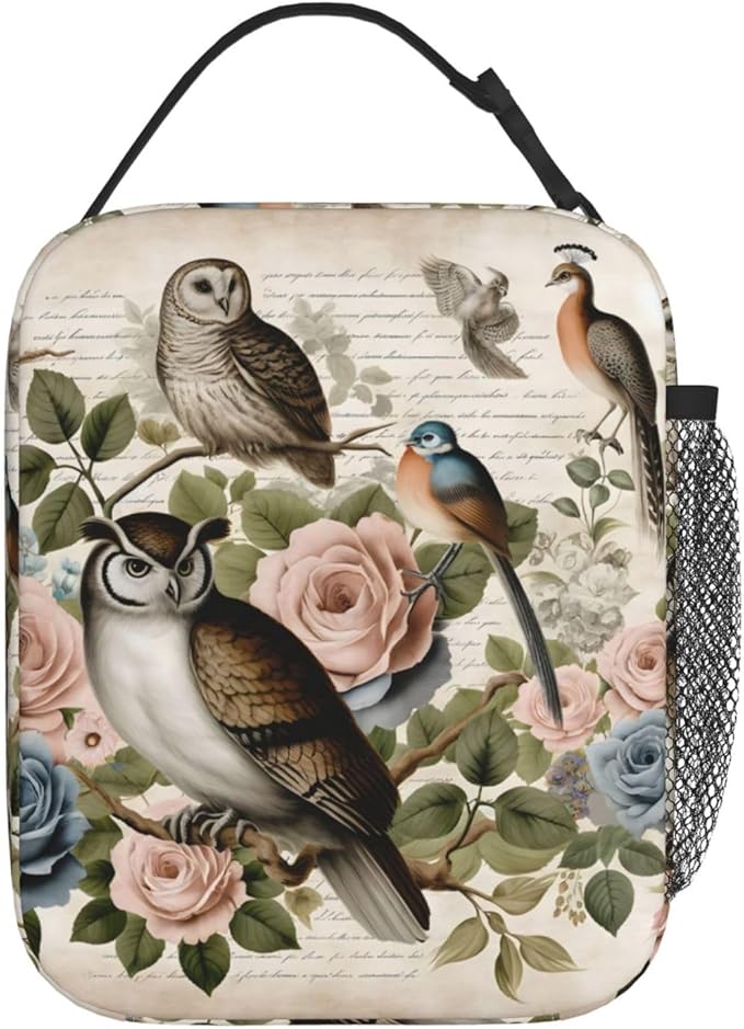 Cool Owl Lunch Box for Kids,Bird Insulated Bag for Student,Animal Reusable Thermal Insulation Cooler Tote Bags for School Work Picnic Camping Outdoor Gifts (Owl and Floral)