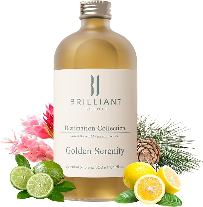 Golden Serenity Fragrance Oil 500ml - Premium Diffuser Oil for Home, Office, Hotels - Long Lasting, Plant-Based, Meets IFRA Standards, USA-Made - Mandarin, Tea Rose, Musk