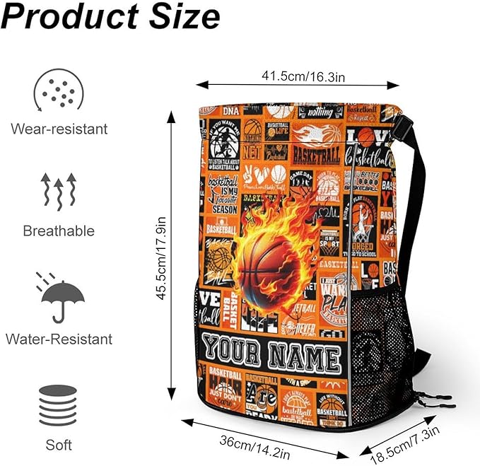 Custom Basketball Drawstring Backpack - Cool Cinch Sack, String Backpacks with Pocket for Kids Women Men Boys Girls for Gym Outdoor Sports Travel Athletic Drawstring Bag - Lightweight/Foldable