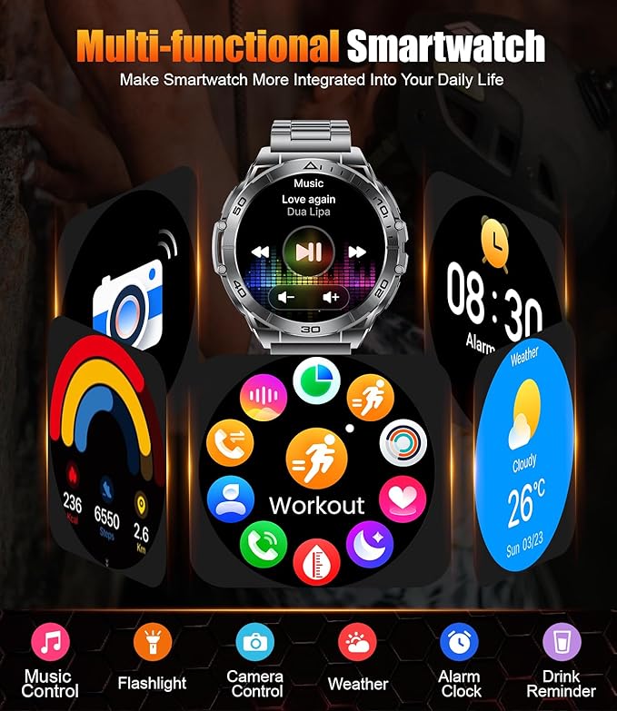 EF16 Smart Watch for Men with LED Flashlight, 1.6" AMOLED Fitness Tracker Watches, 600mAh Battery/2 Straps/100+ Sports/IP68 Waterproof/Bluetooth Call Smartwatch for Android iPhone Compatible
