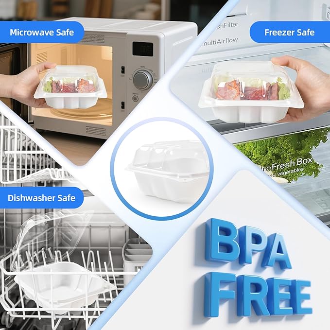 YANGRUI Food Containers 6" 17 oz 55 Pack - Reusable Crystal View Fog Resistant Lid BPA Free Pure PP Plastic Burger Box | Shrink Sealed Hygienic Freezer & Microwave Safe | White Sushi Takeout Container