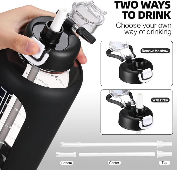 32 oz Glass Water Bolttles with Straw Large Motivational Water Bottle with Time Marker Sports Water Bottles with Silicone Sleeve and Handle Lid Water Jug for Gym Workout