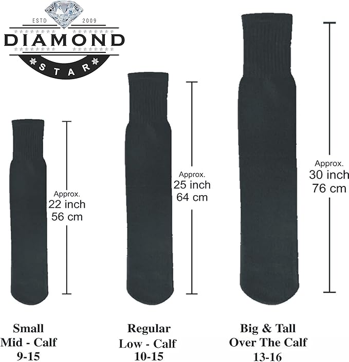 Diamond Star Men's 6 Pack Athletic Tube Socks Running Sports OVER THE CALF Full Cushioned Premium Soft Cotton Big and Tall