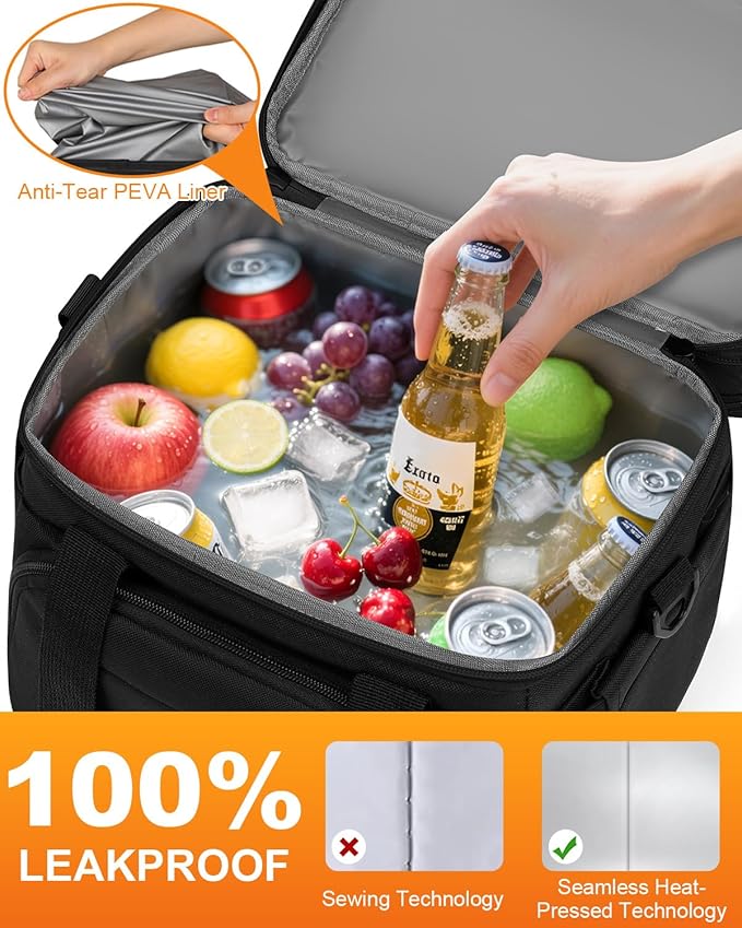 Lunch Box For Men Women Double Deck Insulated Lunch Bag For Men Woman Leakproof Expandable Cooler Bag with Adjustable Shoulder Strap for Work Picnic School(Black,Medium)