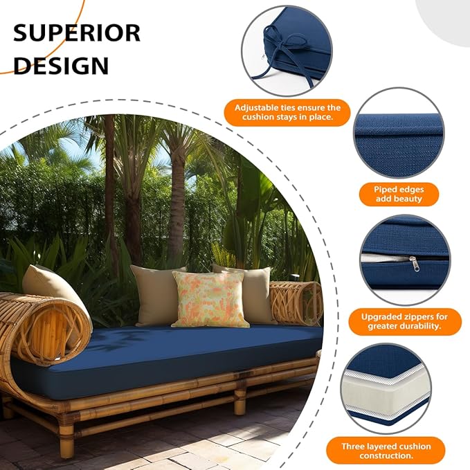 Sundale Outdoor Olefin Bench Cushion， Water-Resistant Patio Couch Cushion, Loveseat Sofa Pad with Straps Dark Blue, 59 x 18 x 4 Inches
