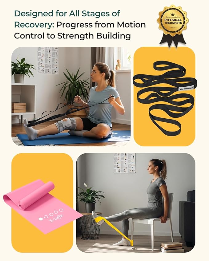 Trideer Stretching Strap & 3PCS Resistance Bands Set – Non-Elastic Stretch Strap & Elastic Bands for Safe Stretching, Mobility, Physical Therapy, Rehab, Recovery, Yoga & Home Exercise