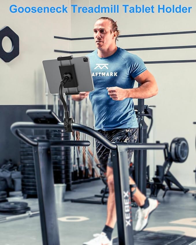 Gooseneck Tablet Holder with Flexible Long Arm, Anti-Slip iPad Clamp Mount for Treadmill/Spin Bike/Stroller/Wheelchair/Elliptical/Boat/Mic Stand/Peloton/Indoor Cycle, Fits 4-13" Device